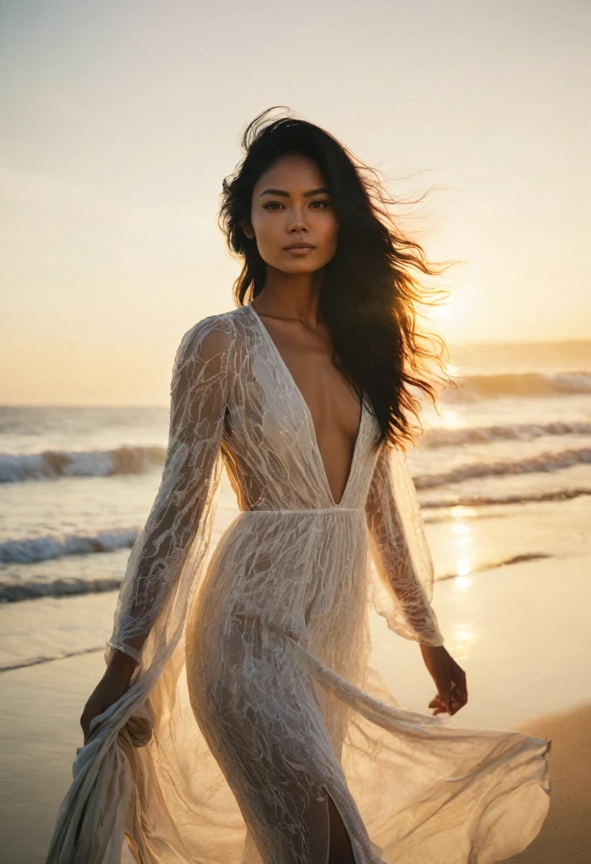 Half body shot photo of a beautiful filipino young woman in an oversized white transparent long dress over bikini. She has a long wavy black hair tousled by ocean breeze. She is standing by the beach, hugging a surfboard. Natural back lighting at golden hours.