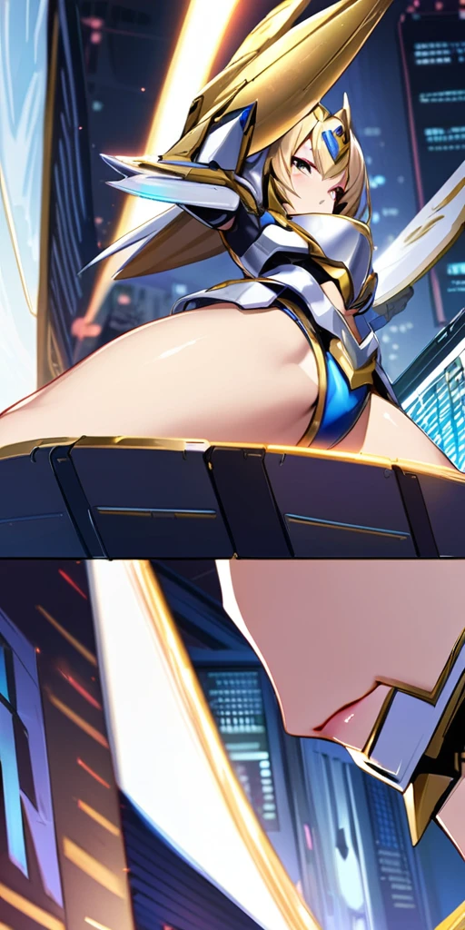 ((Highest quality、masterpiece、anime style、best quality、high resolution、8k、detailed、ultra-detailed:1.3))、Long legs、Sharp focus:1.2, Beautiful woman with perfect figure:1.4、(Smiling:1.2), double eyelid、30-year-old female、Sexy pose、((((Close your mouth、One Woman、Bikini Armor:1.5))))、movement,Dynamism、Fighting Pose、Her hairstyle is long and permed.、Hairstyle: vertical rolls、The background is a futuristic city
