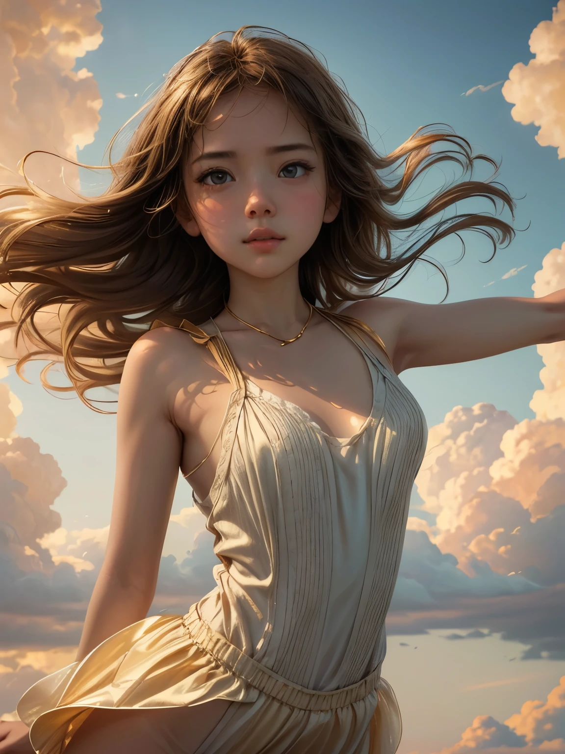 Beautiful detailed summer sky、Beautiful detailed summer clouds、Beautifully detailed girl jumping into the sky、Shooting from below、1 girl、Detailed eyes、Detailed face、Detailed skin、Graceful pose、no gravity、Shine、Ethereal、Cinematic lighting、Warm color palette、Golden Hour、Dramatic Shadows、Volumetric lighting、Photorealistic、8k、high quality、masterpiece