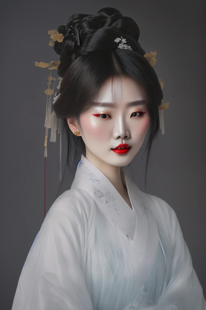 Wearing a white kimono、Asian woman with red lips, palace ， a girl in Hanfu, white Hanfu, Hanfu, Beautiful portrait images, Traditional Beauty, Wearing Chinese clothes, Gu Weiss, Wearing Chinese clothing, Chinese Girl, artwork in the style of Gu Weiss, Cute and delicate face, Young cute pale Asian face，4K，8k，Ultra HD