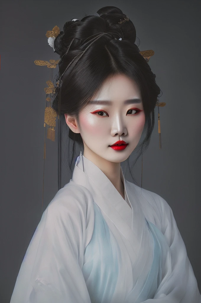 Wearing a white kimono、Asian woman with red lips, palace ， a girl in Hanfu, white Hanfu, Hanfu, Beautiful portrait images, Traditional Beauty, Wearing Chinese clothes, Gu Weiss, Wearing Chinese clothing, Chinese Girl, artwork in the style of Gu Weiss, Cute and delicate face, Young cute pale Asian face，4K，8k，Ultra HD