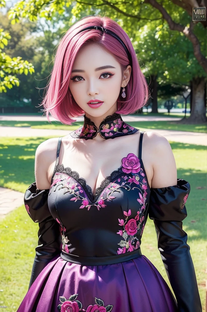 (8K, top-quality, masterpiece:1,2), (reallistic, Photorealsitic:1.37), Super Detail, One girl,), (Highly detailed), (beautifully detailed eyes), (of the highest quality), (super detailed ), (masterpiece), (Detailed face),20yr old, ,1 girl, full body, pink hair,Very short hair, medium breasts, clothed, Perfect Lighting, pussy and breast focus, looking at viewer, aroused face, naughty face, surrounded by red roses, black gothic ta, day, sunny, big white hat