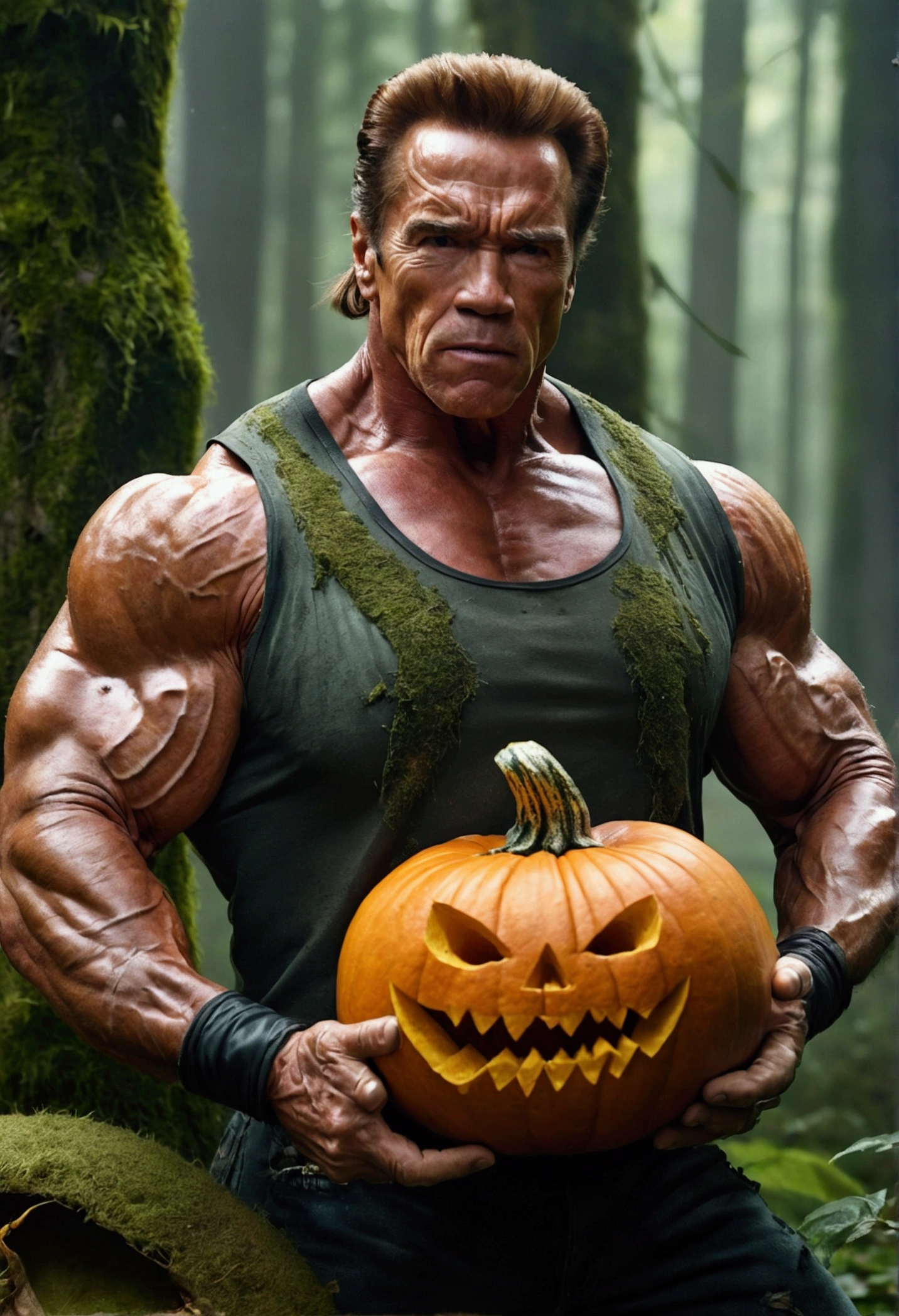 a muscular Arnold Schwarzenegger, detailed face, penetrating glare, holding a large knife, facing a pumpkin-headed monster, mossy forest background, worn and tattered clothes, gritty,dramatic lighting, horror atmosphere, cinematic,realistic,photorealistic,highly detailed,4k