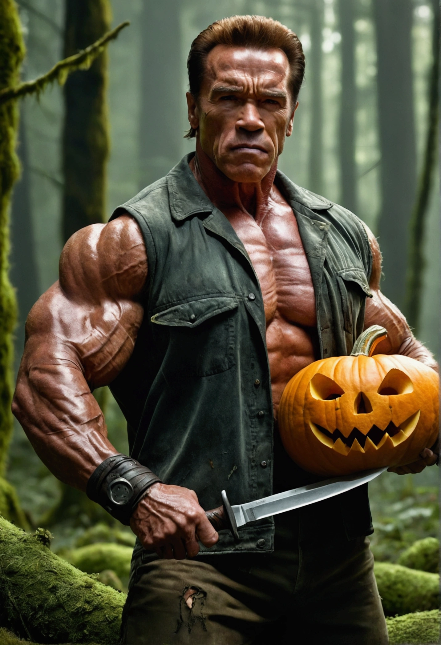 a muscular Arnold Schwarzenegger, detailed face, penetrating glare, holding a large knife, facing a pumpkin-headed monster, mossy forest background, worn and tattered clothes, gritty,dramatic lighting, horror atmosphere, cinematic,realistic,photorealistic,highly detailed,4k