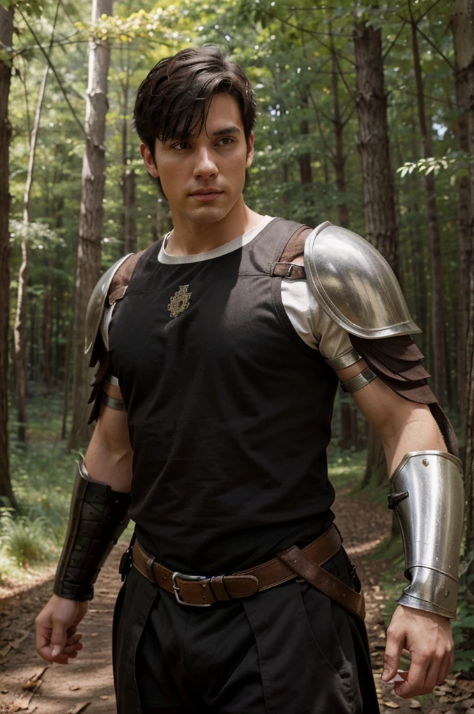 young white man,Brown eyes,extra short black hair,something muscular,medieval armor,forest