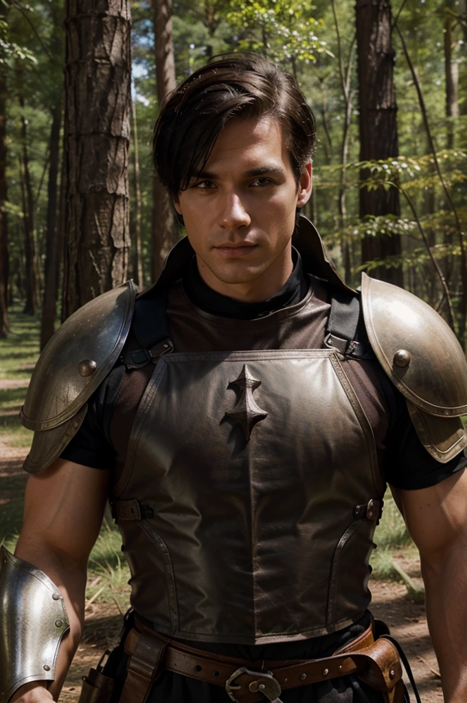 young white man,Brown eyes,extra short black hair,something muscular,medieval armor,forest