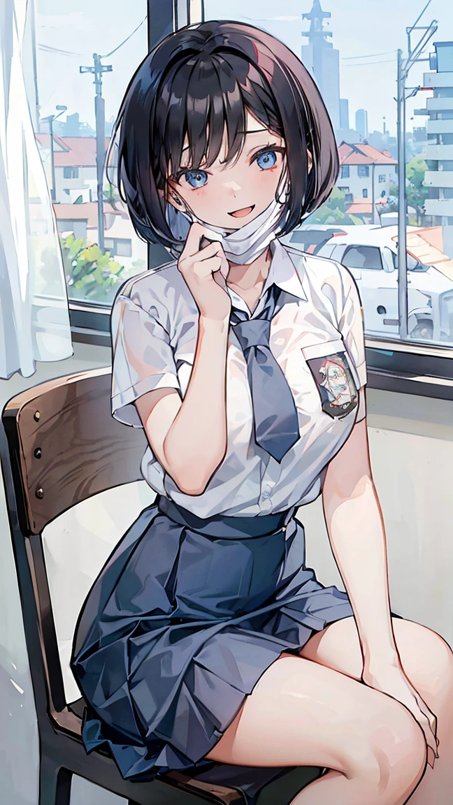 1 woman, 17 years old, (Short Layered Bob haircut, black hair), scared face expression, plump body, blue eyes, Indonesian high-school uniform, (wearing transparent white shirt, showing bra), osis logo on shirt pocket, huge XL breasts, light-grey pleated skirt, sitting on a chair, seductive pose, full body shot, smiling, in the classroom, wearing a mask (mask_pull, white surgical mask, surgical mask fit his face:1.2).
