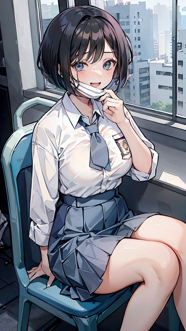 1 woman, ************, (Short Layered Bob haircut, black hair), scared face expression, plump body, blue eyes, Indonesian high-school uniform, (wearing transparent white shirt, showing bra), osis logo on shirt pocket, huge XL breasts, light-grey pleated skirt, sitting on a chair, seductive pose, full body shot, smiling, in the classroom, wearing a mask (mask_pull, white surgical mask, surgical mask fit his face:1.2).