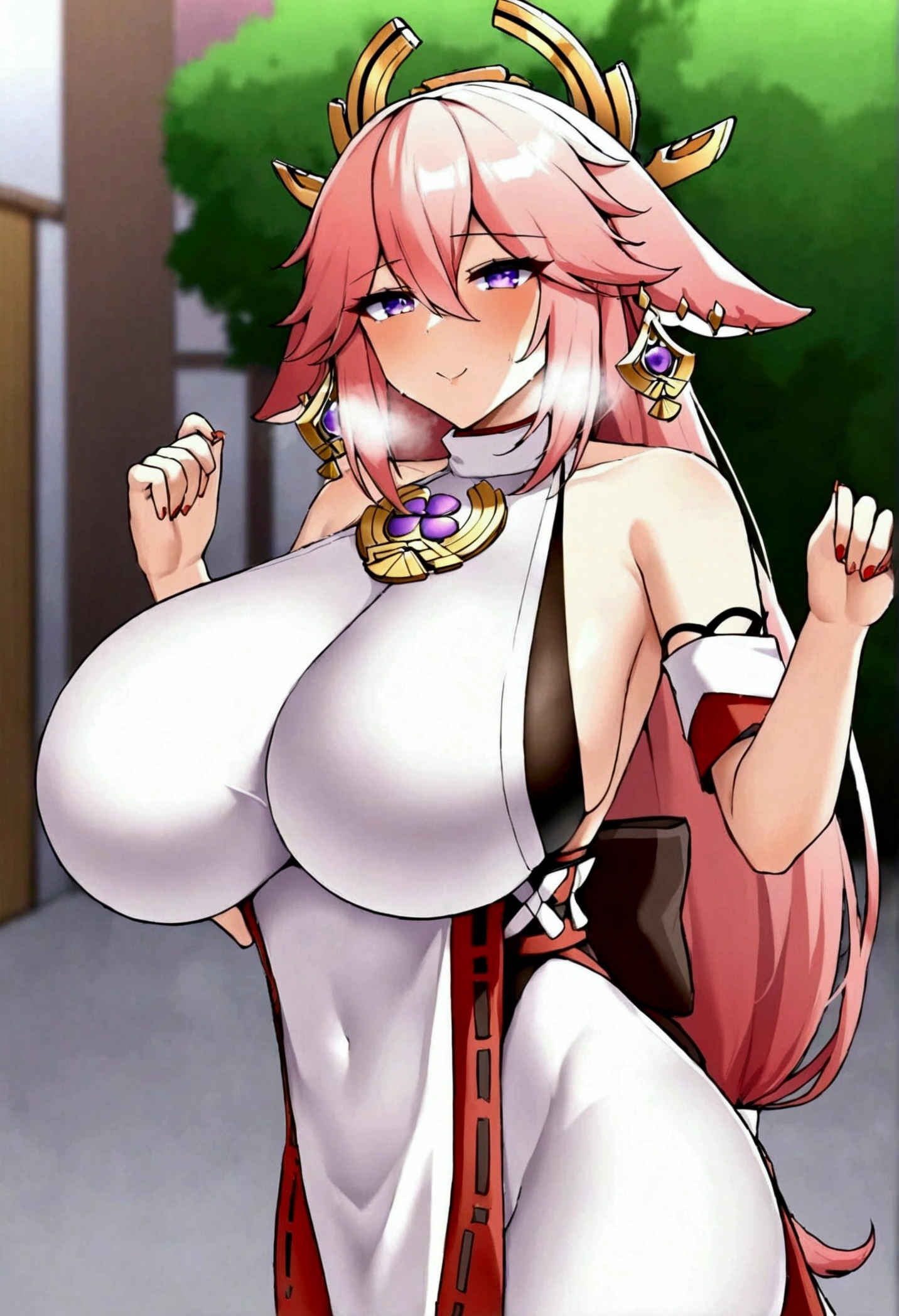 best quality masterpiece extremely detailed highres 1girl yae miko huge breasts prostitute Bodysuit breath