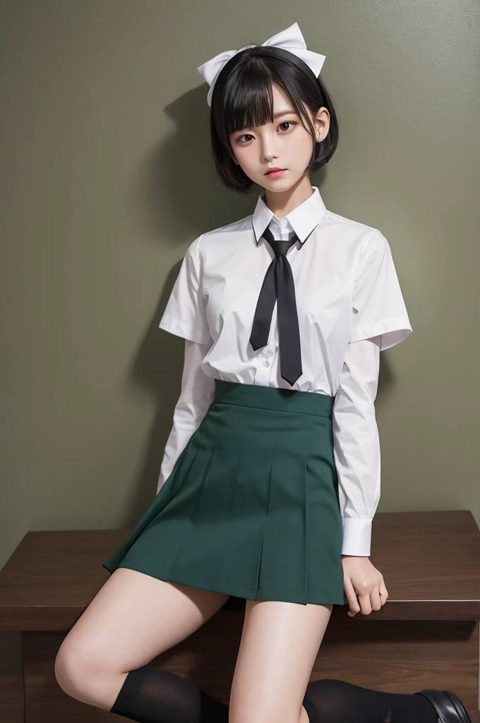 , short hair, blue ribbon on head, black hair, mini skirt, brown shoes, black socks, black uniform, white dress shirt, green tie