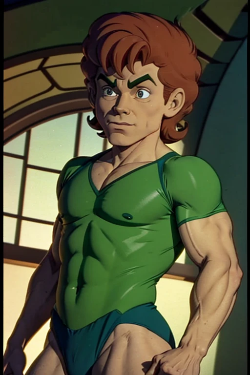 a redhead cartoon character dressed in a green leotard, very muscular, a young male wizard, 1980s cartoon, animated episode still, Presto (((mad)))