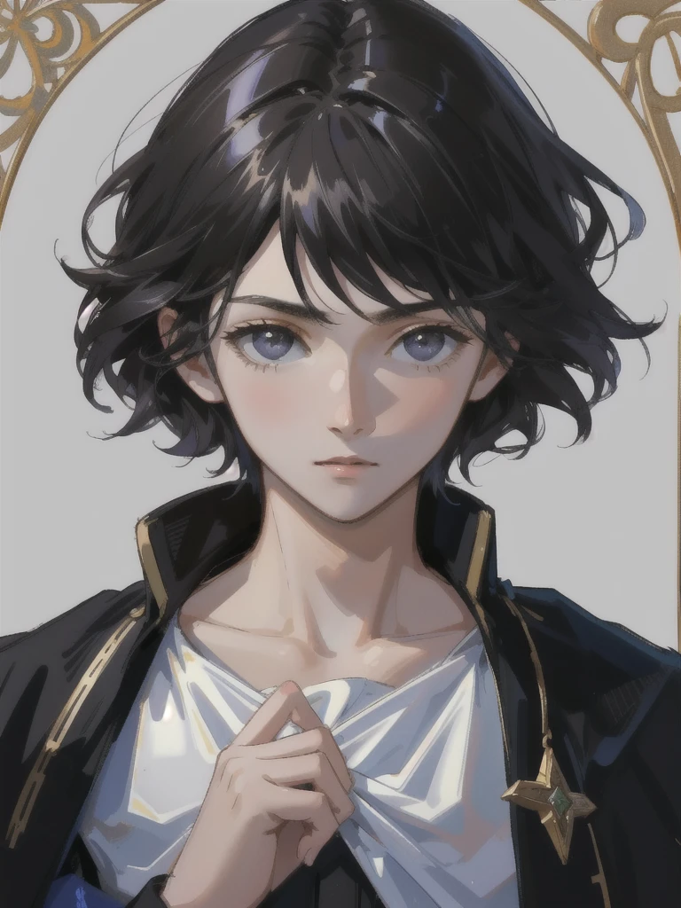 12 years old boy with short black hair and eyes, calm face, young face, only focus on body and face, calm demeanor, hide hands, medival outfit, renaisans era.