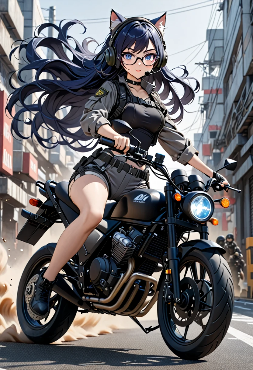 8K Ultra High-Quality, ultra-detailed, High quality, Dark Blue hair, Long hair, Headset, Goggles, cat girl, Grey Tactical clothes, Military clothes, black tight leotard under clothes, shorts, body harness, Looking at viewer, choker, glasses, full body, riding a motorcycle, flowing hair
