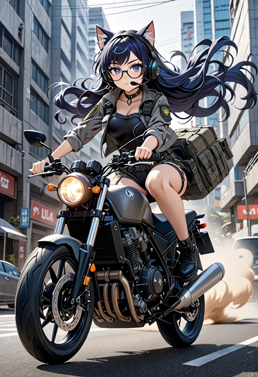 8K Ultra High-Quality, ultra-detailed, High quality, Dark Blue hair, Long hair, Headset, Goggles, cat girl, Grey Tactical clothes, Military clothes, black tight leotard under clothes, shorts, body harness, Looking at viewer, choker, glasses, full body, riding a motorcycle, flowing hair