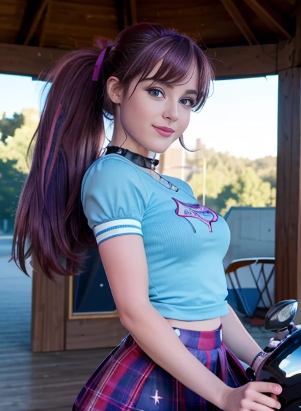 (masterpiece, The best quality, fotorrealist, High Resolutions, Director of photography, :1.3), Selfie photo of upper body, Sharp focus, 1 chica sexy, cute school girl , teen model, 16 year old teenager midriff, hermosa modelo adolesente , Highly detailed turquoise eyes and pupils, tiene senos grandes , slim body shape, neckline, extremely detailed hair, They're smiling, sexy, ((realist, super realistic, realism, Detalles realists)) mlp , Twilight Sparkle , mlp , cute makeup ,Red lips , nariz pequeña , long purple hair with pink highlights , long purple hair with pink highlights , pony tail , Whole body , hermosa sonrisa , usa chaqueta negra de motociclista , Equestria girls , cuerpo completo , parque , atardecer , motocicleta ,posa al lado de motocicleta , ella esta feliz , linda sonrisa , alegre , motocicleta, club de motos , ropa de motociclista sexy