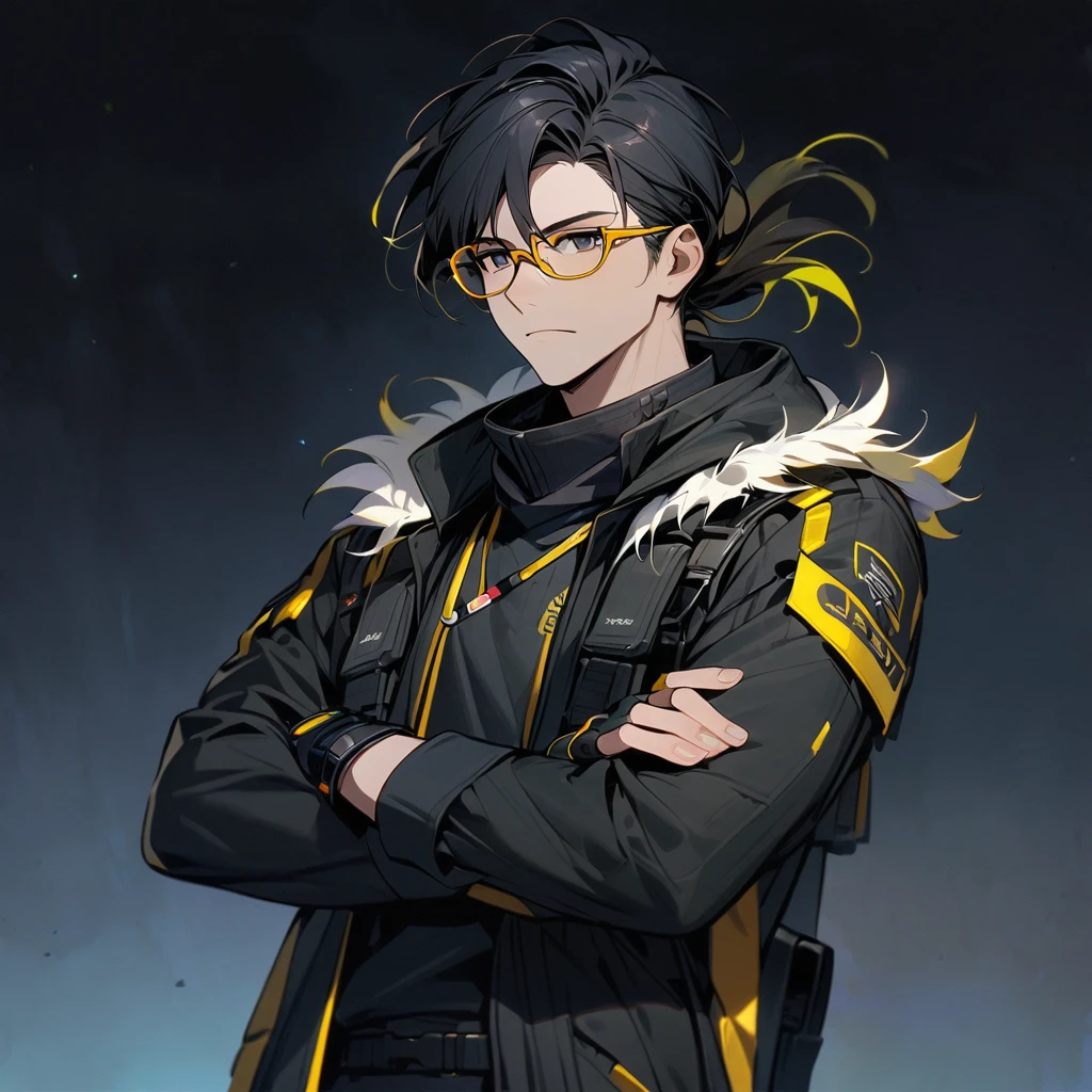 (well done:1) one man, short black hair, black eyes, black clothes with yellow details, white sweatshirt jacket over top, tactical boots, fingerless gloves, yellow tips in the hair, glasses, looking away, arm crossed, avatar profile, masterpiece, uktra high quality