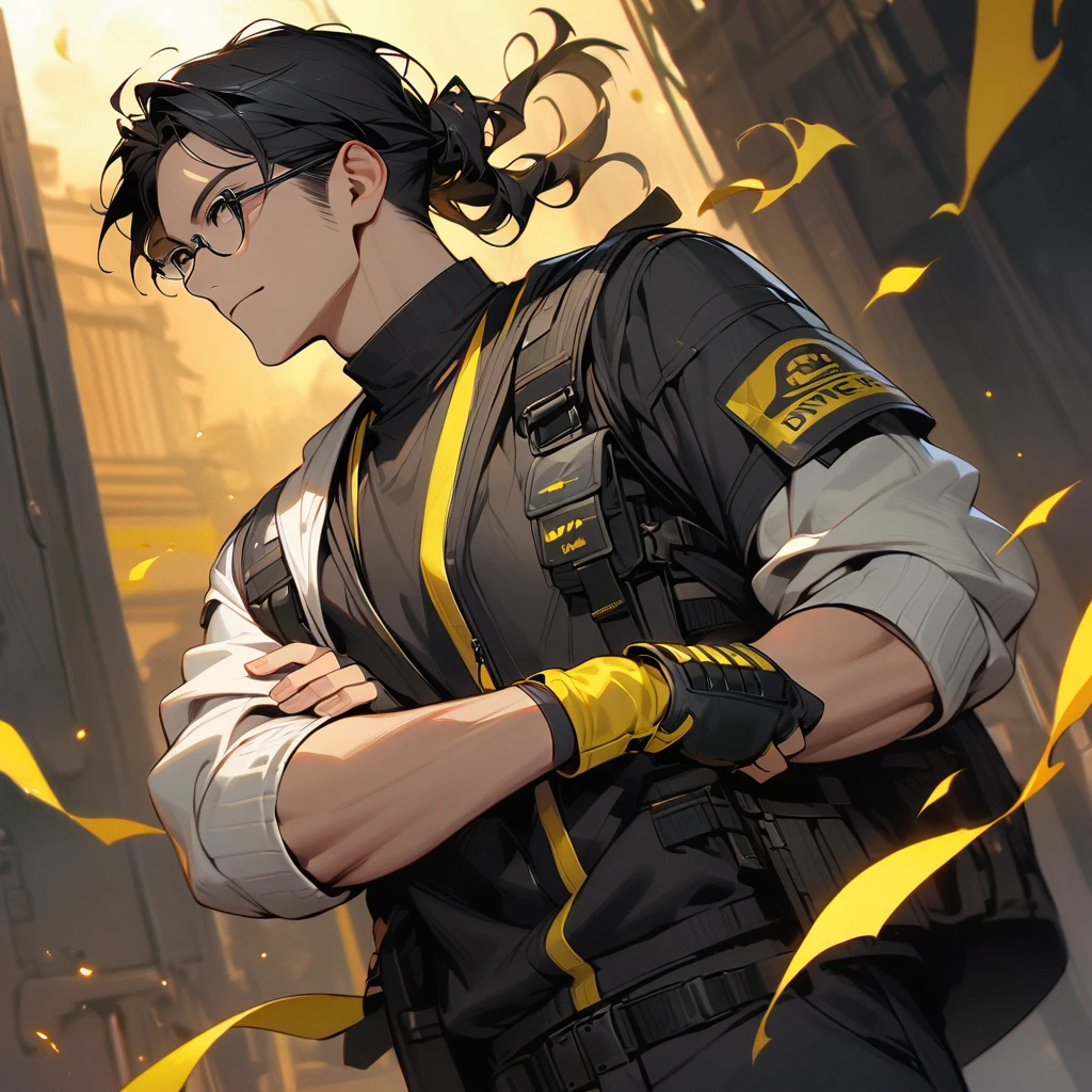 (well done:1) one man, short black hair, black eyes, black clothes with yellow details, white sweatshirt jacket over top, tactical boots, fingerless gloves, yellow tips in the hair, glasses, looking away, arm crossed, avatar profile, masterpiece, uktra high quality