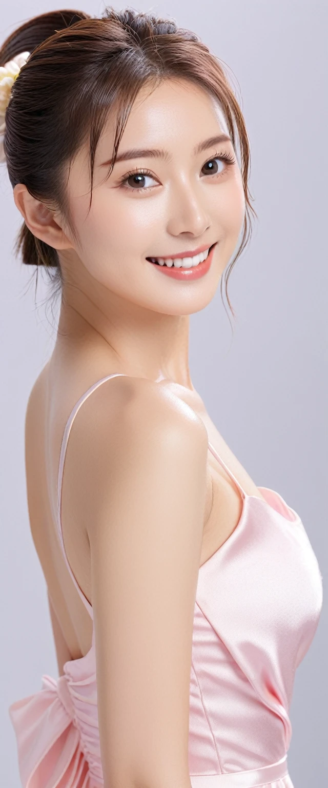 (masterpiece,Highest quality,Ultra-high resolution),Japanese women, (((Very beautiful 25 year old girl))), pretty girl、Look at the photographer､  ((Beautiful low ponytail)), Very cute face, Glossy Lips, Double eyelids on both eyes,Natural smile、 Natural Makeup, Long eyelashes, Shiny and smooth hair､Center image,  Perfect limbs, Perfect Anatomy,(((China dress)))、(((Looking Back)),Wet with sweat,
