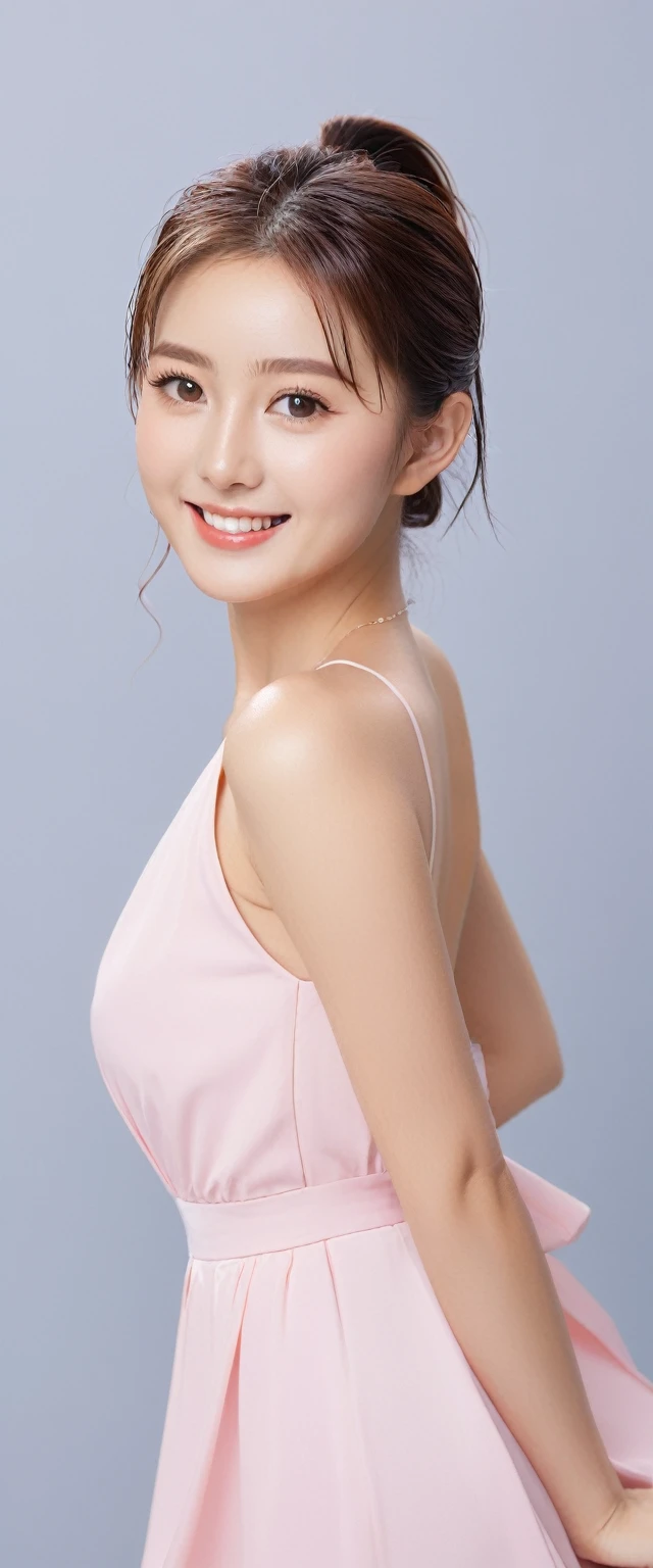 (masterpiece,Highest quality,Ultra-high resolution),Japanese women, (((Very beautiful 25 year old girl))), pretty girl、Look at the photographer、 ((Beautiful low ponytail)), Very cute face, Glossy Lips, Double eyelids on both eyes,Natural smile、 Natural Makeup, Long eyelashes, Shiny and smooth hair、Center image, Perfect limbs, Perfect Anatomy,(((China dress)))、(((Looking Back)),Wet with sweat,
