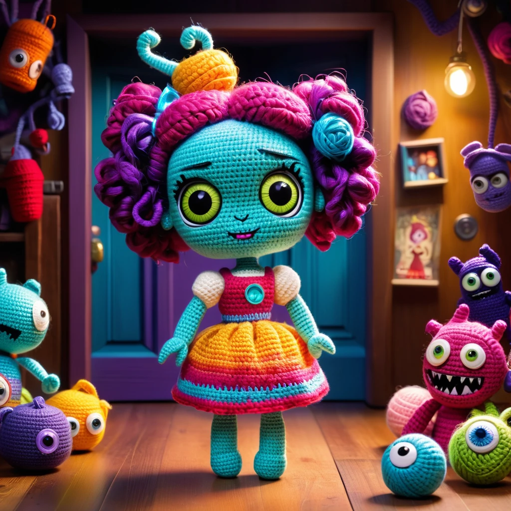 (Voodoo doll crochet toy:1.7), (Voodoo Sally from Monsters, Inc.:1.4), (Accessories: Enchanted scream canister, floating spectral doors:1.1), (Background: Monsters, Inc. factory with colorful doorways, playful shadows and an atmosphere of whimsical magic:1.2), best quality, masterpiece, detailed soft oil painting, detailed background, dramatic cinematic lighting, soft edge lighting, professional, dramatic lighting, hard edge lighting, ultra quality, 4k, masterpiece, best quality, 8k, ultra high definition, high resolution, extremely detailed