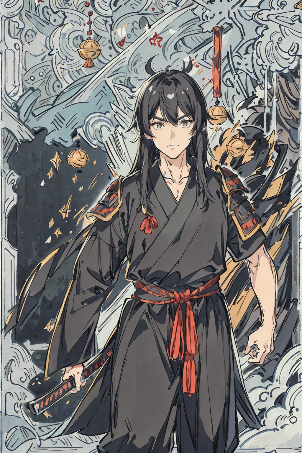 Ninja male, a black haired , wearing a black ninja armor, long hair, fasion hair, samurai armor, slim body, shirt ornament, hakama, tall 180cm, 18yearold, samurai, katana, male, handsome,  earing, smiley facr
