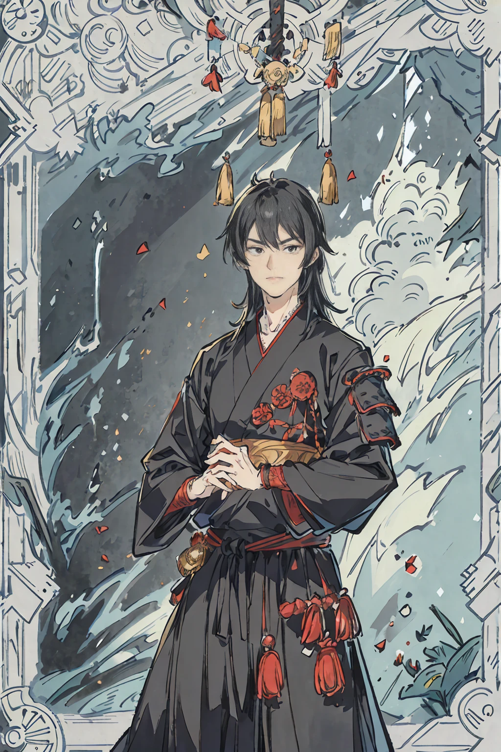 Ninja male, a black haired , wearing a black ninja armor, long hair, fasion hair, samurai armor, slim body, shirt ornament, hakama, tall 180cm, 18yearold, samurai, katana, male, handsome, earing, smiley facr