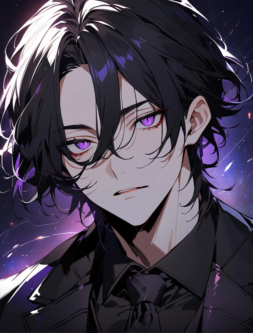 (black_hair), (long_male_hair), (deep_purple_eyes), (high_detailed_eyes), (attractive), (emotionless), (Deep_space_background), (male), (wears_black_suit), (long_male_hair), (detailed_Hair), (detailed), (detailed_mouth), (vertical_slit_pupils)