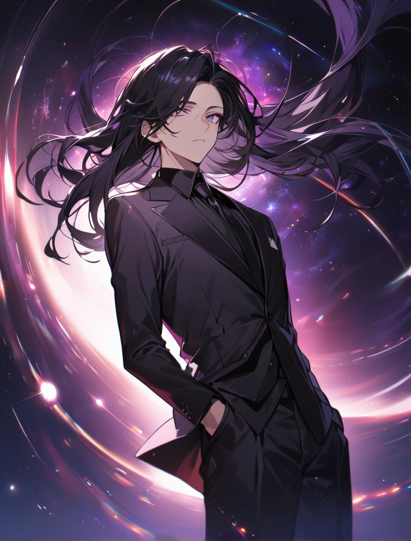 (black_hair), (long_male_hair), (deep_purple_eyes), (high_detailed_eyes), (attractive), (emotionless), (Deep_space_background), (male), (wears_black_suit), (long_male_hair), (detailed_Hair), (detailed), (detailed_mouth), (vertical_slit_pupils)