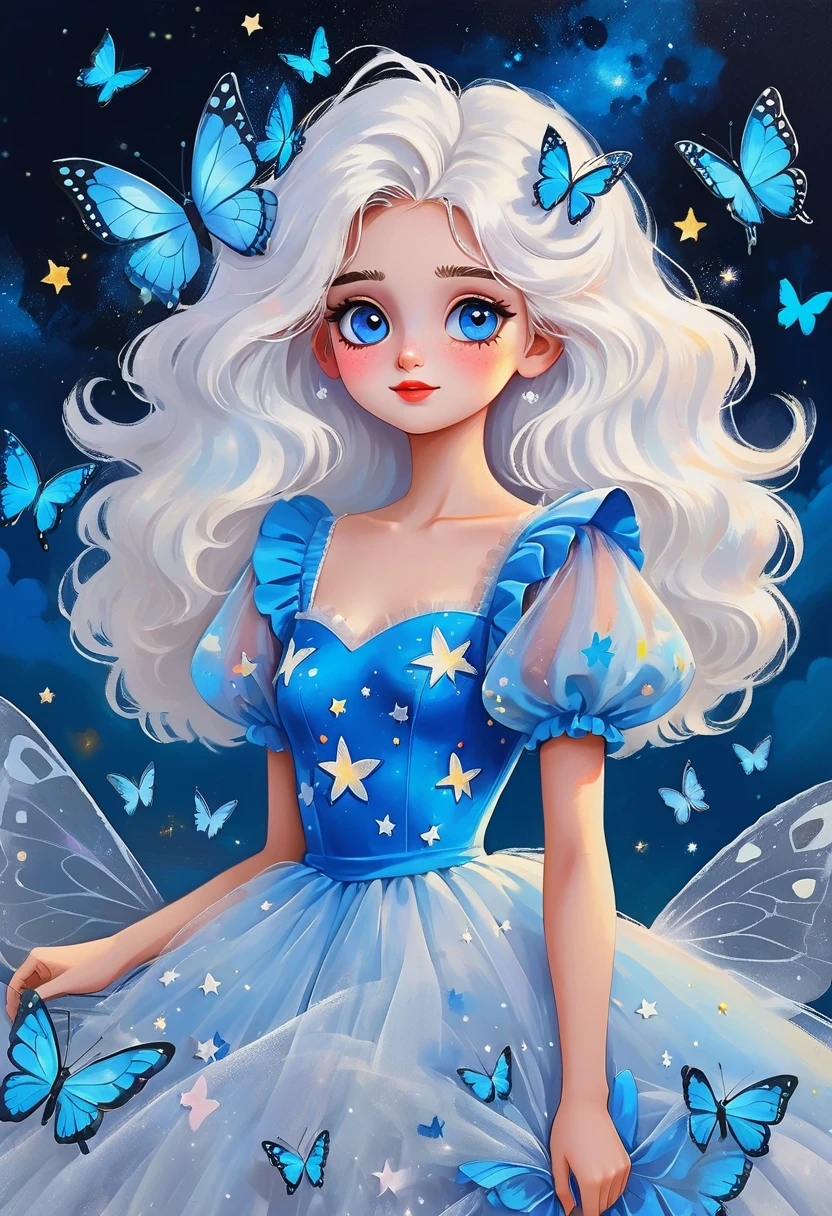 Rafael Silveira Collage Painting，Oil painting brush strokes，Oil painting texture：Cartoon Girl Portrait，Starry Eyes，White fluffy hair，Puff Sleeve Princess Tulle Dress-Tulle，Butterflies in the sky，Luminescence，blue，Phosphor，Dark solid background