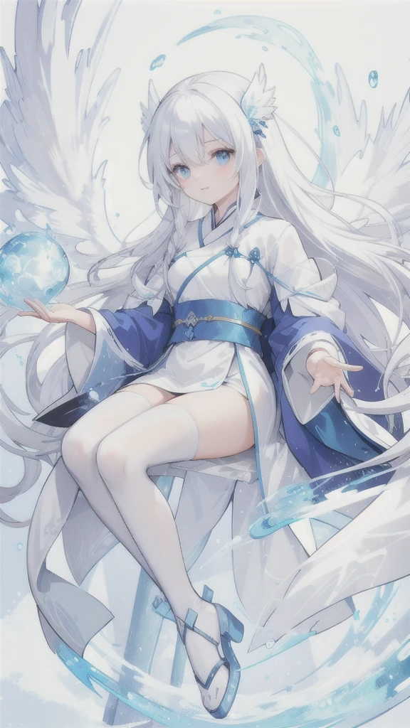 snow white hair，blue eyes，White Hanfu，ice silver armor，frozen dragon wings