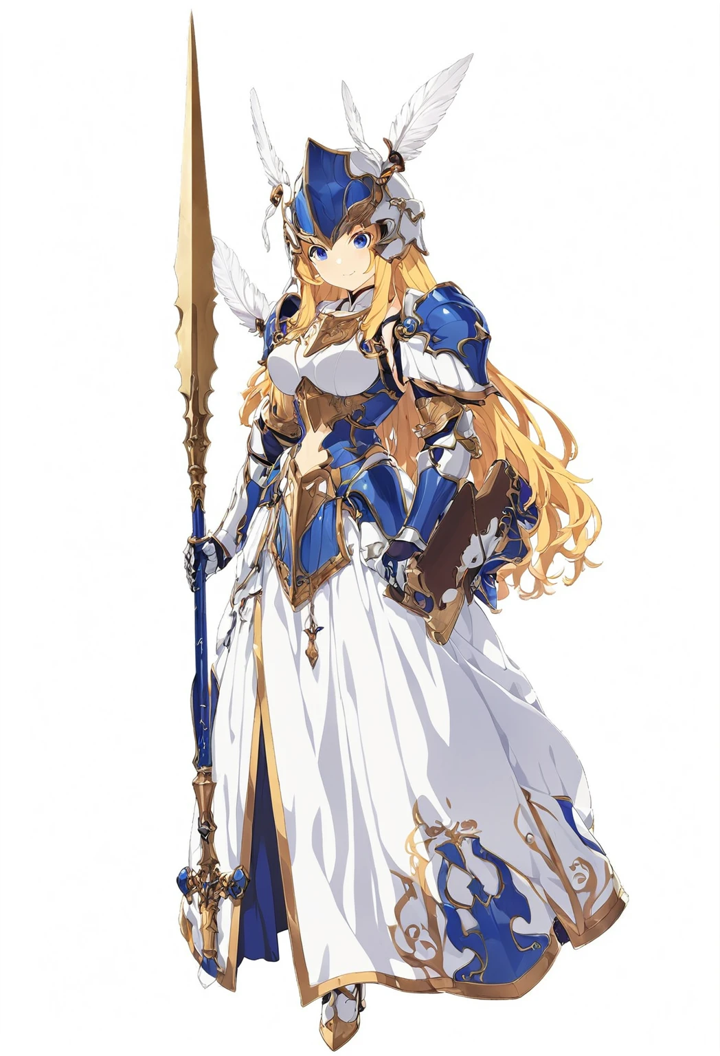 high quality, high resolution, high qualityのゲームアートスタイル, whole body,valkyrie,perfect hand,Official Art, Smooth game CG art, Visual Novel Sprites, White background,Smooth game CG art, (((Woman with a gun))),Woman wearing a white dress and blue armor, An intricately designed helmet with white feathers,Small shield, (((In his right hand he holds an elaborate spear))),Exquisite Blue Armor,Golden Hair, long hair, blue eyes,female knight, Rin々Shii,Large Bust,20-year-old