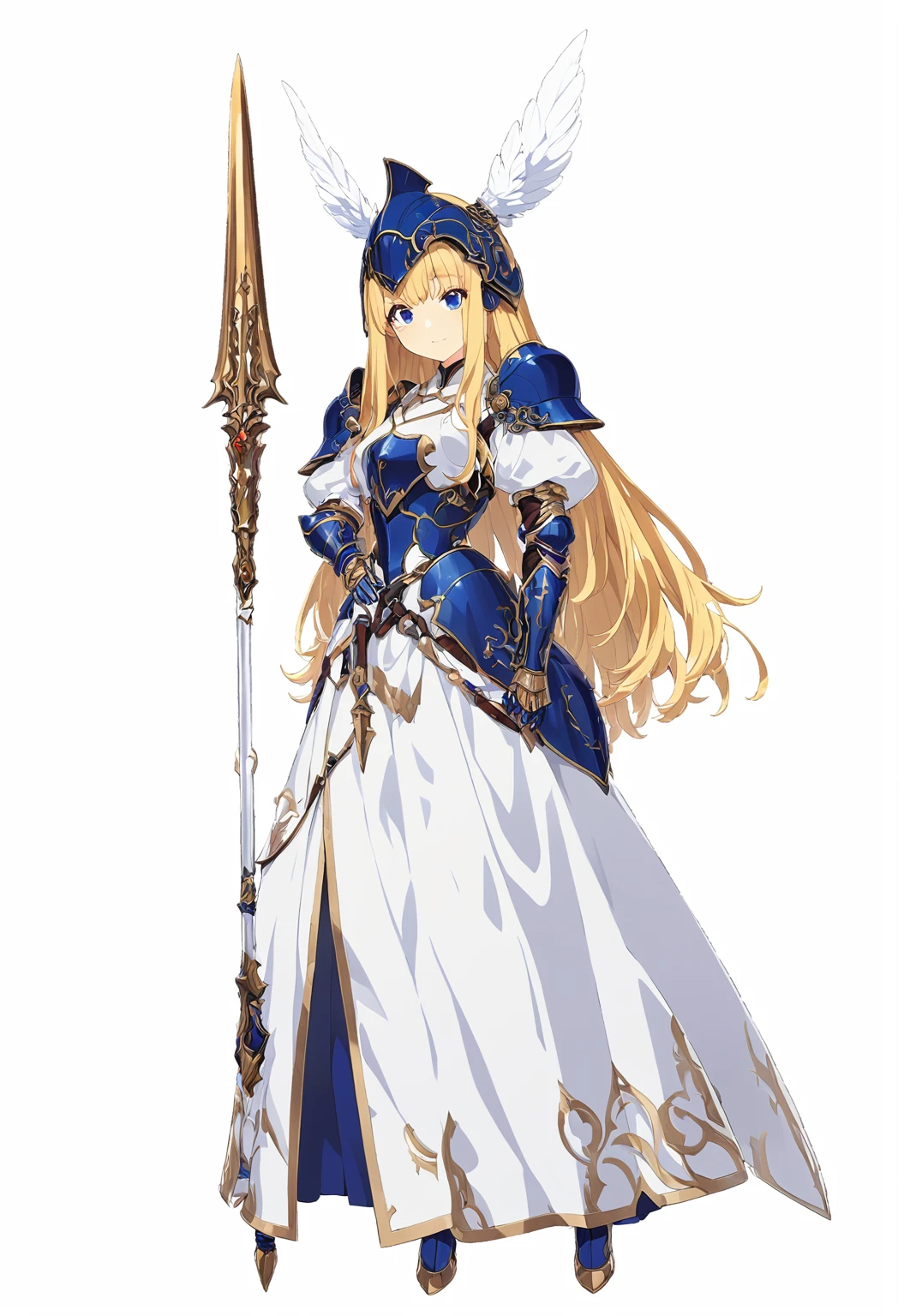 high quality, high resolution, high qualityのゲームアートスタイル, whole body,valkyrie,perfect hand,Official Art, Smooth game CG art, Visual Novel Sprites, White background,Smooth game CG art, (((Woman with a gun))),Woman wearing a white dress and blue armor, An intricately designed helmet with white feathers,Small shield, (((In his right hand he holds an elaborate spear))),Exquisite Blue Armor,Golden Hair, long hair, blue eyes,female knight, Rin々Shii,Large Bust,20-year-old
