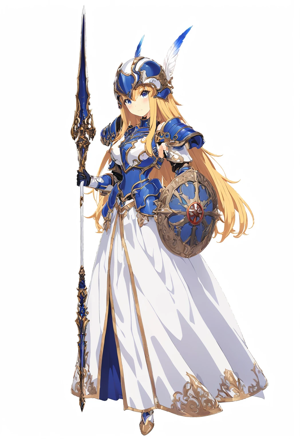 high quality, high resolution, high qualityのゲームアートスタイル, whole body,valkyrie,perfect hand,Official Art, Smooth game CG art, Visual Novel Sprites, White background,Smooth game CG art, (((Woman with a gun))),Woman wearing a white dress and blue armor, An intricately designed helmet with white feathers,Small shield, (((In his right hand he holds an elaborate spear))),Exquisite Blue Armor,Golden Hair, long hair, blue eyes,female knight, Rin々Shii,Large Bust,20-year-old