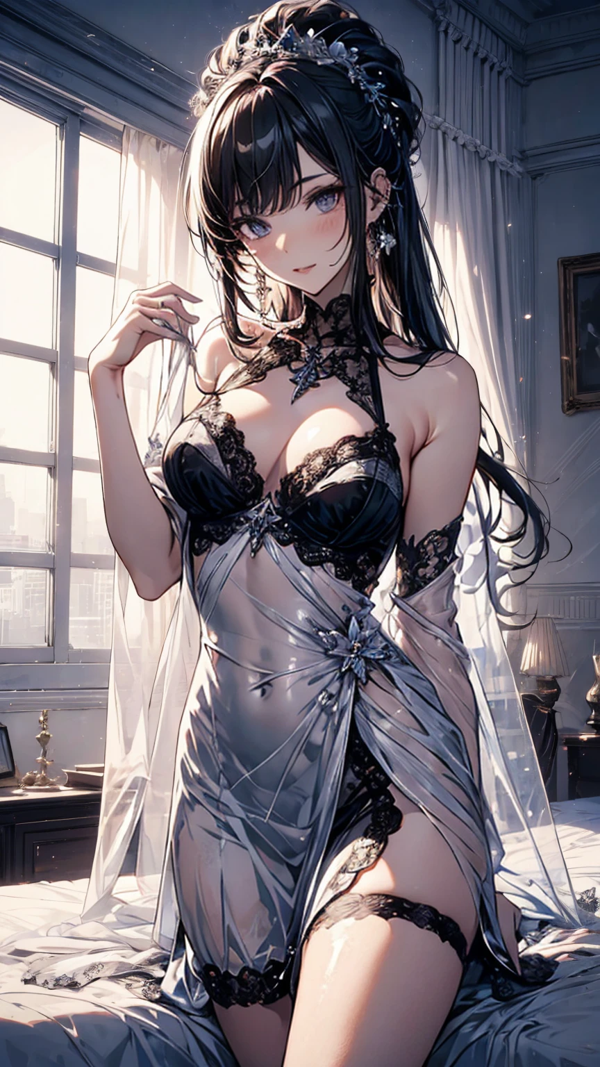 Dark bedroom, [sun|Succubus], (Delicate and radiant skin:1.5), A dress，Subtly blended with white lace, Supine, on the bed, Surrealism, Girl looking through lace, Light transmission, The bed is draped with an elegant white lace mosquito net, Charming expression, sexual teasing, Bold and extremely sexy pose, Princess bed, Moonlight shining through the window,Dynamic lens,Delicate and sophisticated design