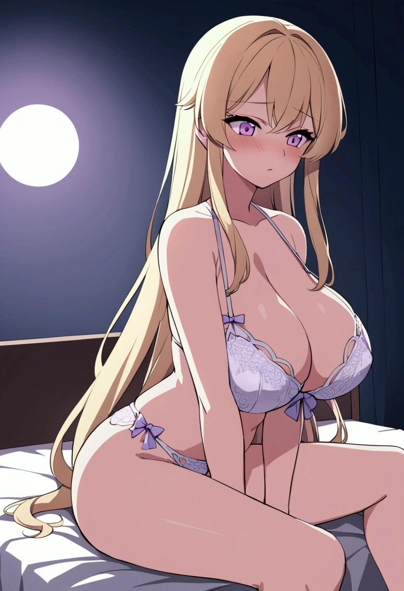 Cristalina, 15 years old, very long blonde hair, light lilac eyes, huge breasts, wearing sexy, open white lingerie, sitting on her bed in her dark room with moonlight, looking down with a look of worry about what is going to happen and what she is going to do with her pregnancy.hentai