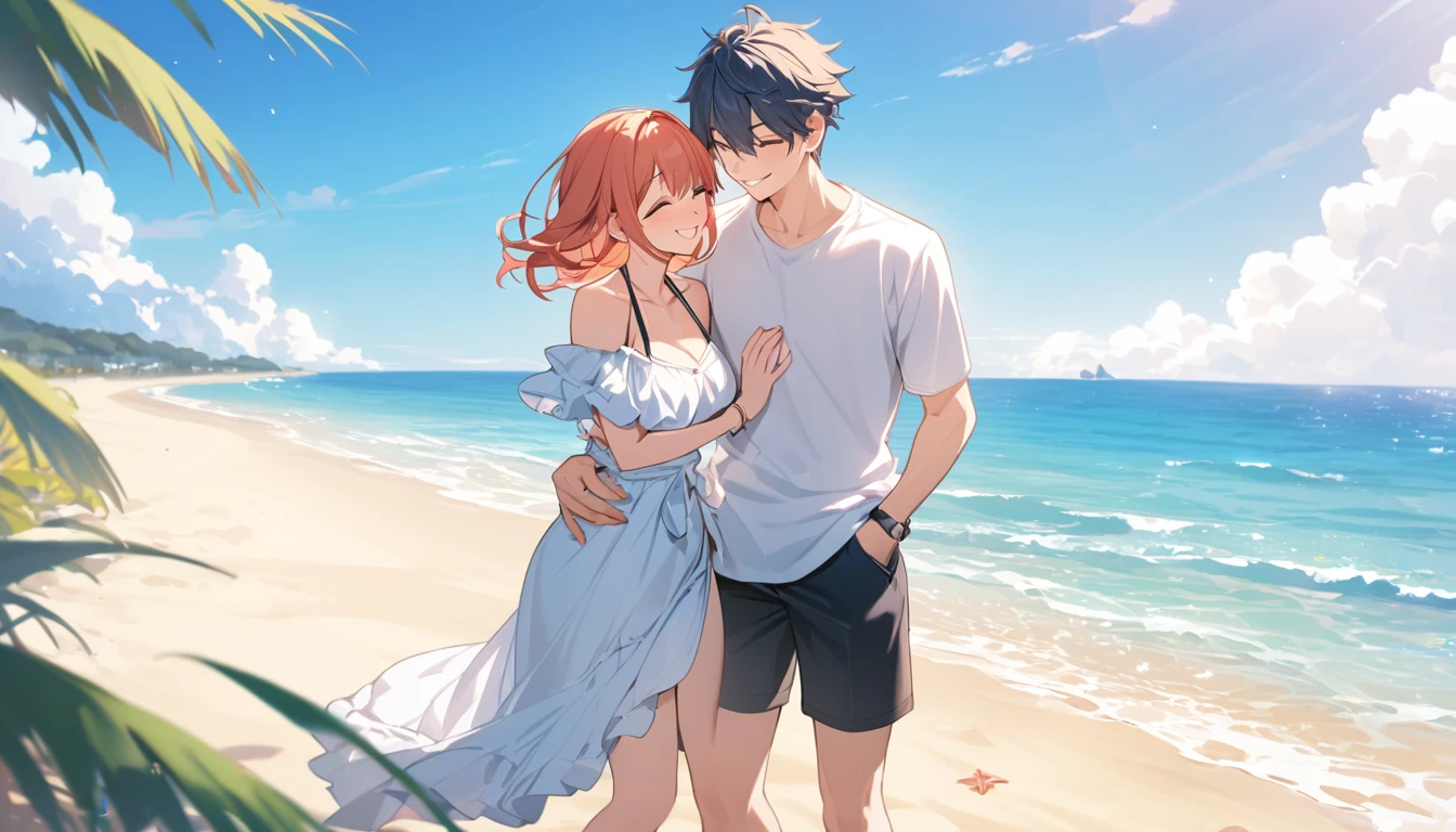 (Highest quality),Couple,smile,beach