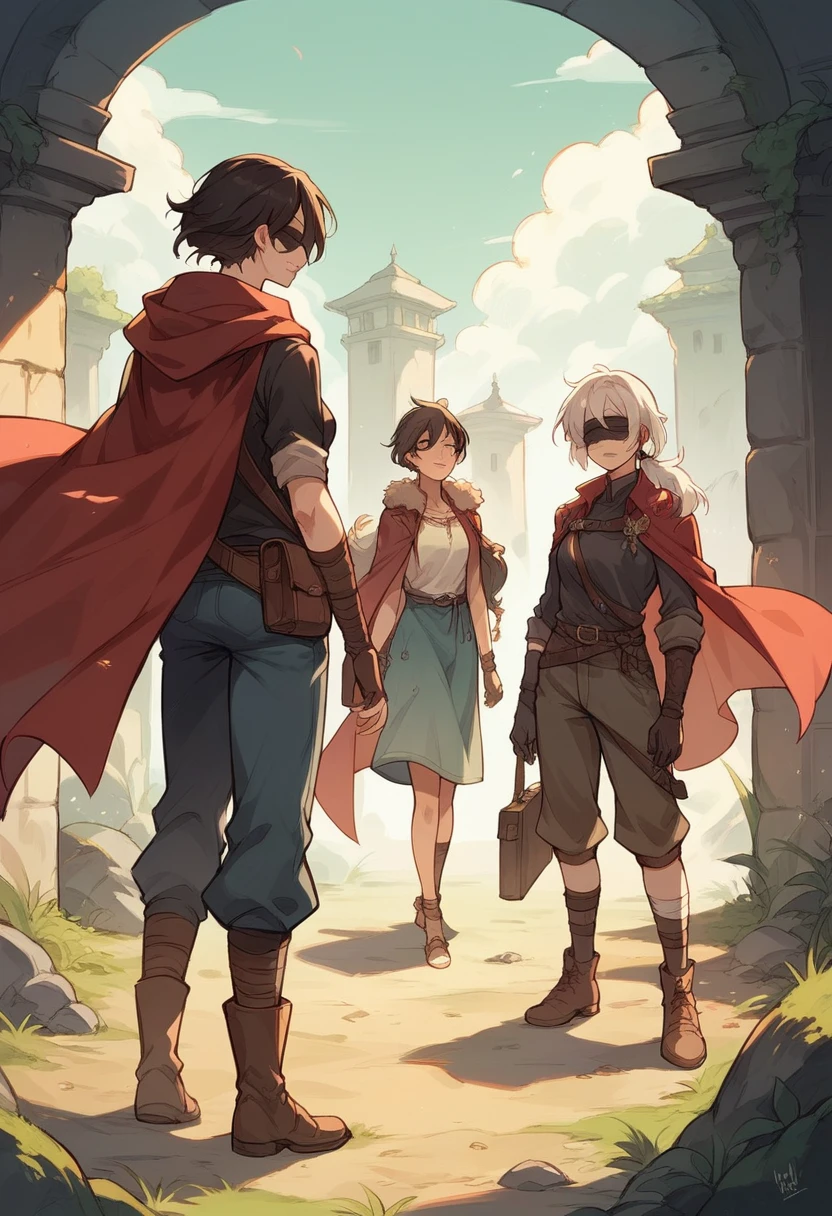 A woman with a dirty blindfold, casual clothes and a red cape. And behind them were a group of warriors with different weapons