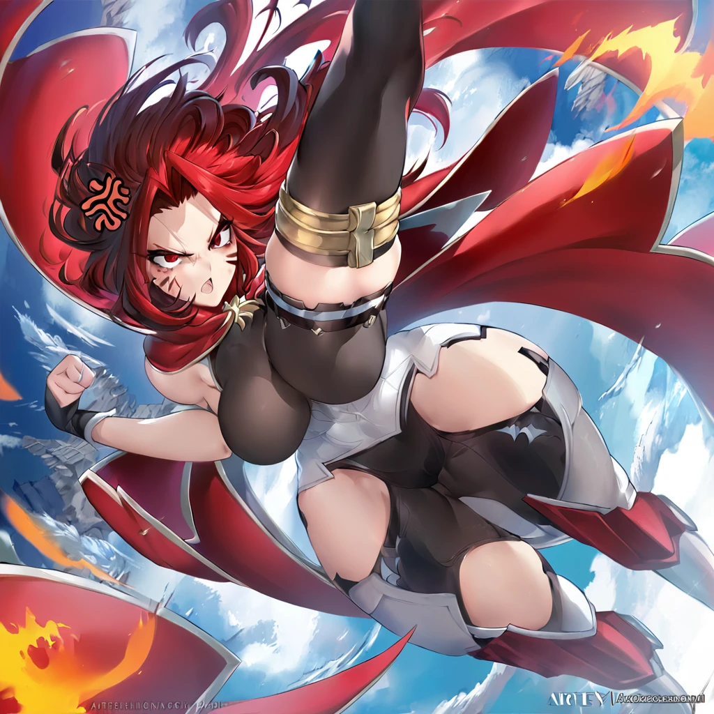 masterpiece, Highest quality,High resolution,Dorothy, Redhead,Red eyes,Braiding, The chest area of the dress is torn、Dirty smoke、、Nipples are fully visible、Your clothes are torn、Take damage from an attack、Very detailed、anime、animeスクリーンキャプ、Big eyes、very cute、((Battle scene in the ruins))、blush