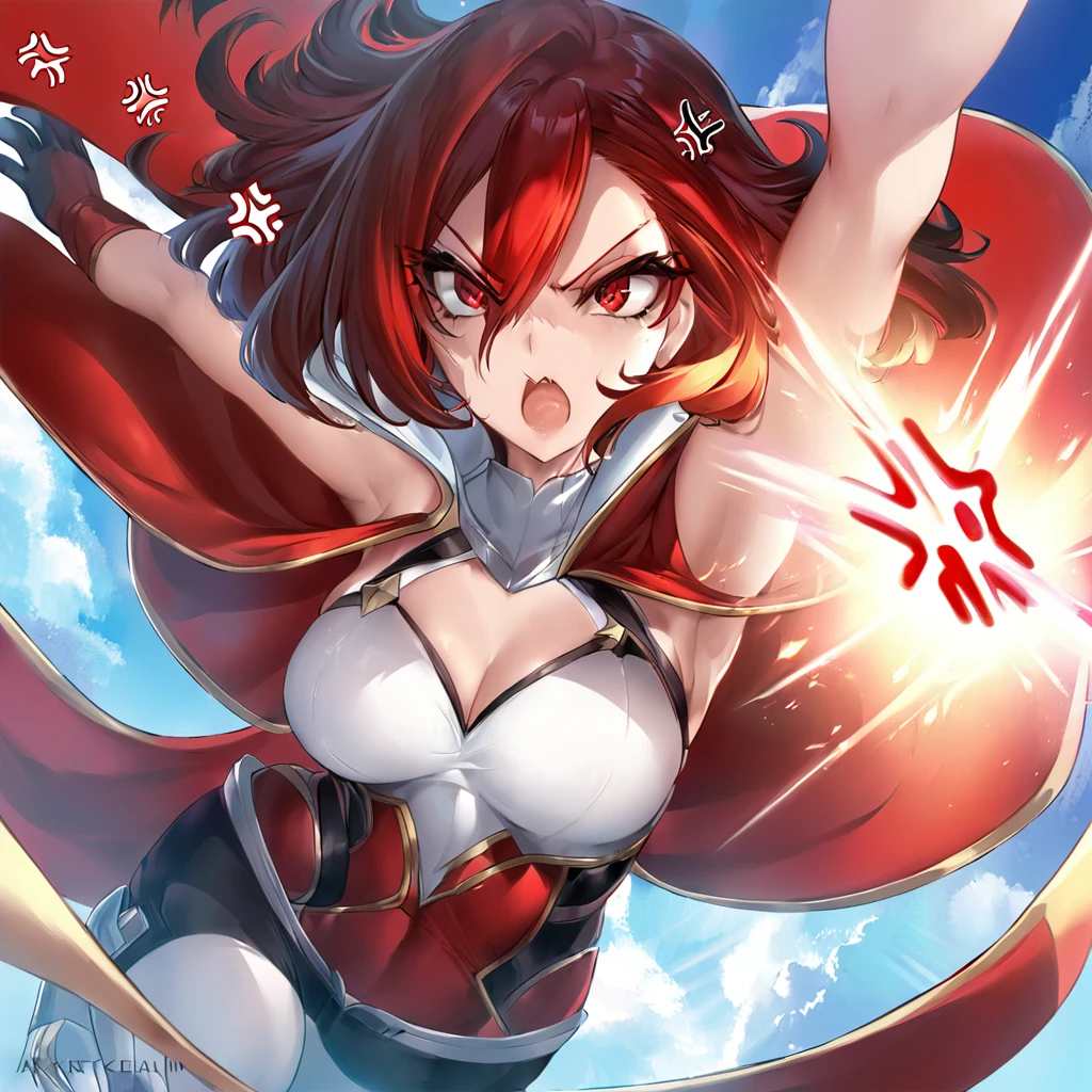 a close up of a woman flying through the air with a red cape, badass anime 8 k, portrait of a female anime hero, official art, artgerm and atey ghailan, marvelous expression, 4 k manga wallpaper, official artwork, !!beautiful!!, expressing anger, by krenz cushart, range murata and artgerm