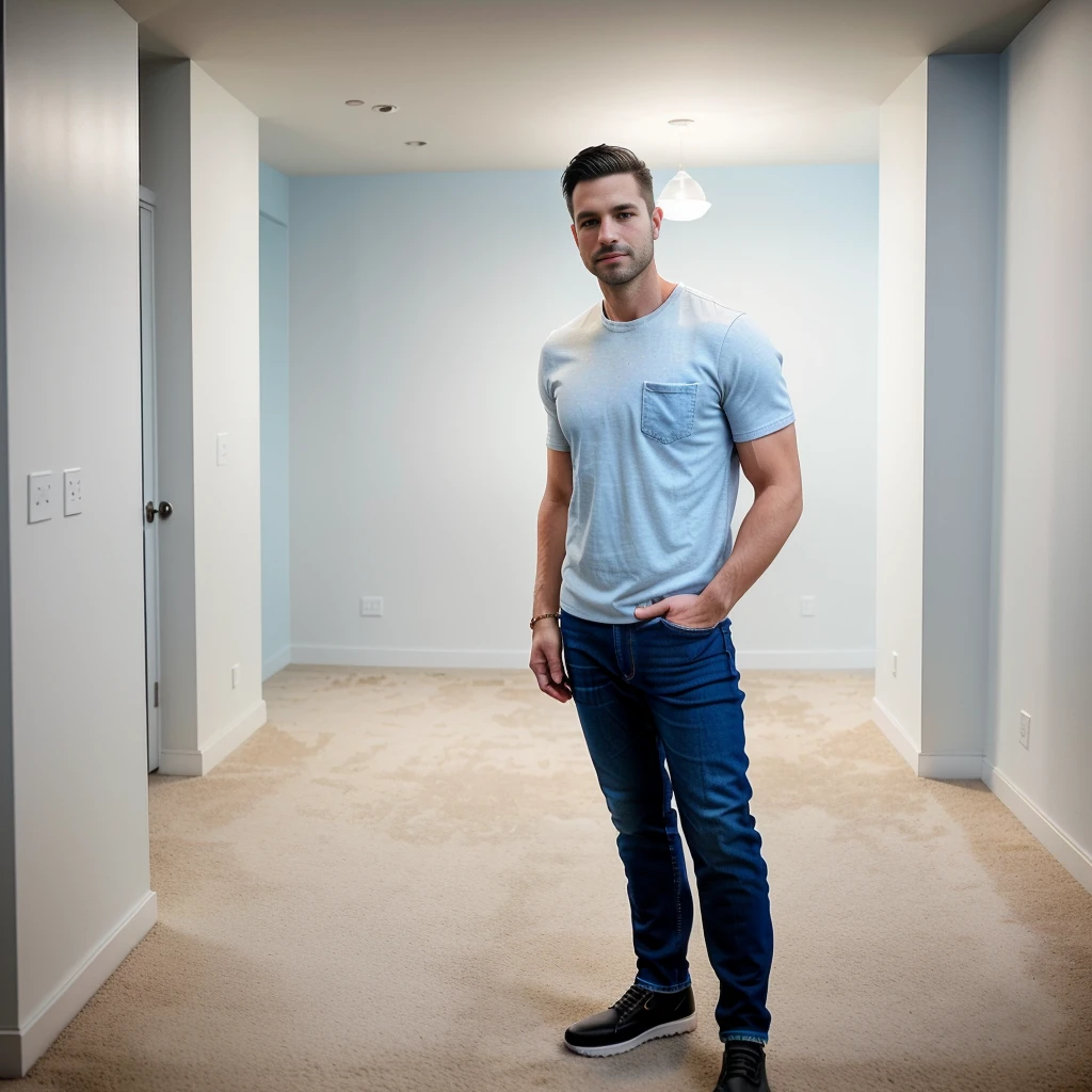 {
  "Full body picture of a charming young man, 35 years old, standing with a confident pose in a casual but stylish setting, camera_angle: {Full body, front view},
  outfit: {light blue jeans, white fitted t-shirt, black leather jacket},
  physical_description: {Slim body, short dark hair, bright eyes, clean-shaven, fair skin},
  pose: {standing with one hand in jeans pocket, slight smile},
  background: {Modern, minimalistic interior with soft lighting and a hint of urban style}"
}
