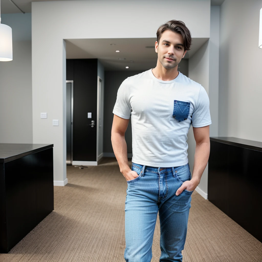 {
  "Full body picture of a charming young man, 35 years old, standing with a confident pose in a casual but stylish setting, camera_angle: {Full body, front view},
  outfit: {light blue jeans, white fitted t-shirt, black leather jacket},
  physical_description: {Slim body, short dark hair, bright eyes, clean-shaven, fair skin},
  pose: {standing with one hand in jeans pocket, slight smile},
  background: {Modern, minimalistic interior with soft lighting and a hint of urban style}"
}
