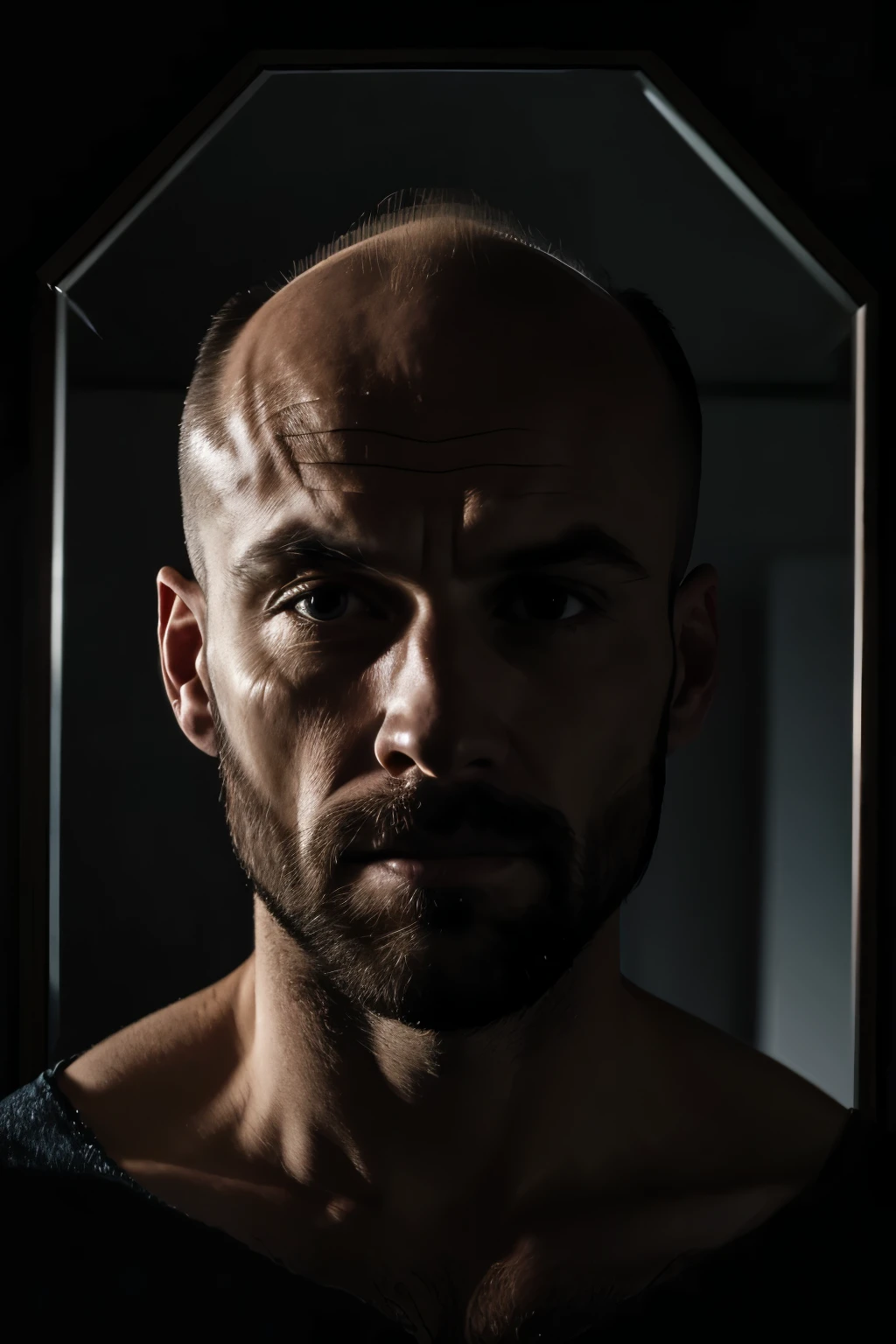 In the midst of a dimly lit room, a broken mirror serves as an unsettling canvas, reflecting a man's worried countenance as he meticulously studies his balding head. The image captures the man's concern and self-reflection about his hair loss in the highest quality, showcasing every detail in an 8K resolution. The mirror's shattered fragments add an ominous ambiance, while the cinematic light casts long shadows that emphasize the man's visibly balding scalp. The sense of depth and texture in the image is remarkable, making it a masterpiece that encapsulates the fragility of vanity and the passage of time.