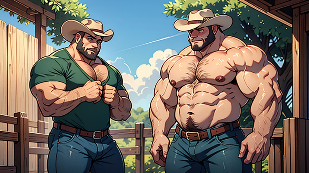 Tremendously huge and mega beefy cowboy Beefcake, Red hair, green eyes, huge thick thighs, colossal meaty butt, blue jeans, big lump, hairy chest, straw cowboy hat, huge muscular chest, protruding pectorals, unrealistically oversized pecs, leaning on a short fence.