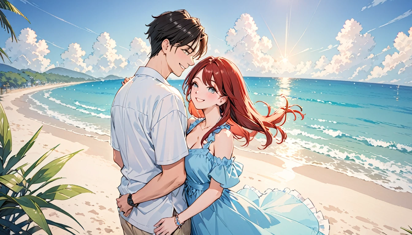 (Highest quality),Couple,smile,beach