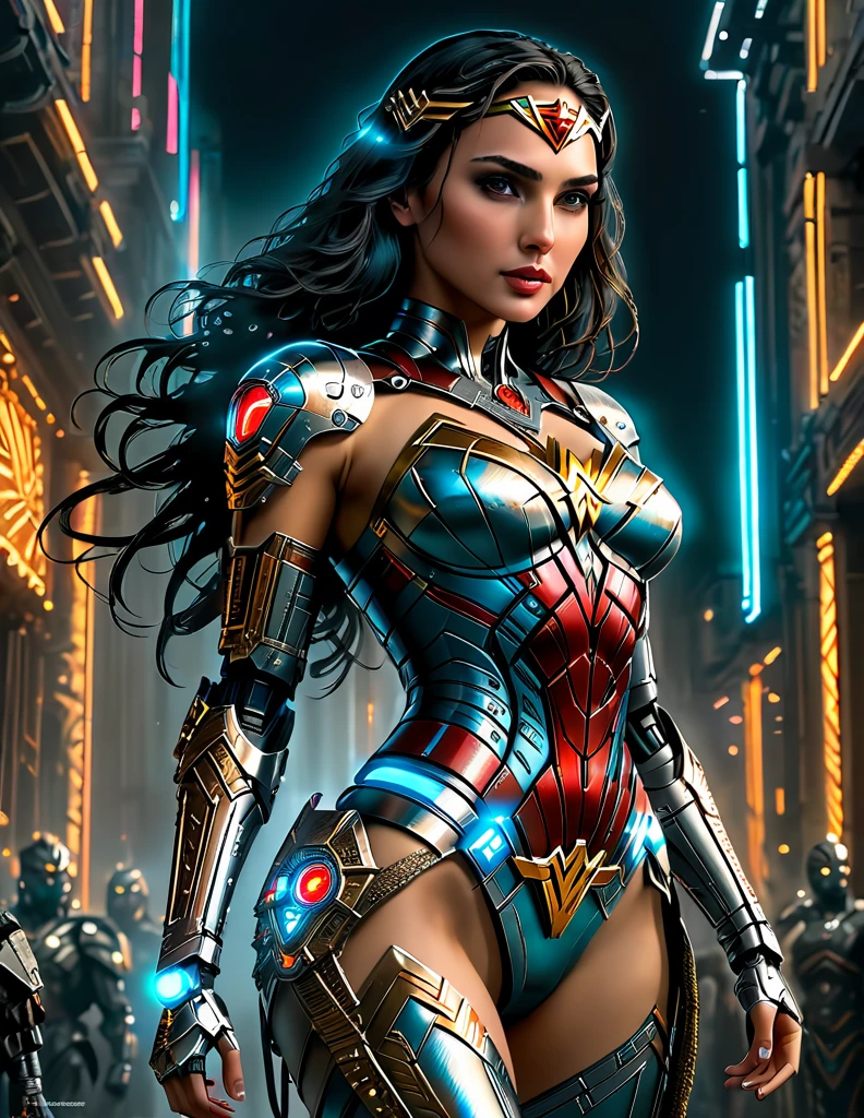 A fantasy picture of (Gal Gadot:1.35) as a Cyberpunk Era Wonder Woman with Cybernetic Wonder Woman Costume in a Neo Cyberpunk Roman Empire with glowing eyes and robotic limbs, insanely intricate detail, Don Lawrence style