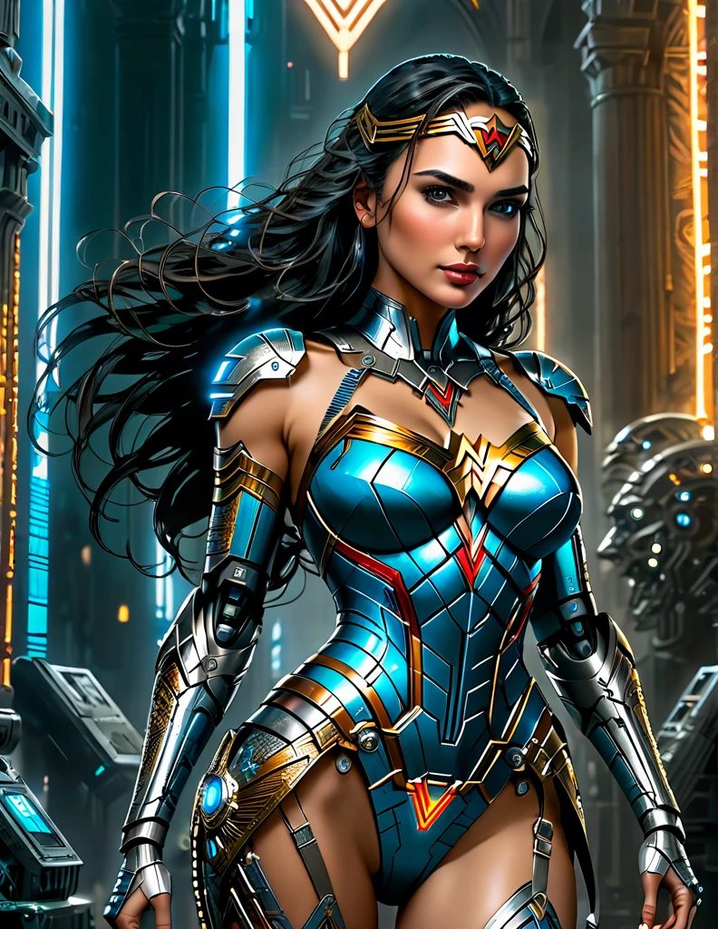 A fantasy picture of (Gal Gadot:1.35) as a Cyberpunk Era Wonder Woman with Cybernetic Wonder Woman Costume in a Neo Cyberpunk Roman Empire with glowing eyes and robotic limbs, insanely intricate detail, Don Lawrence style