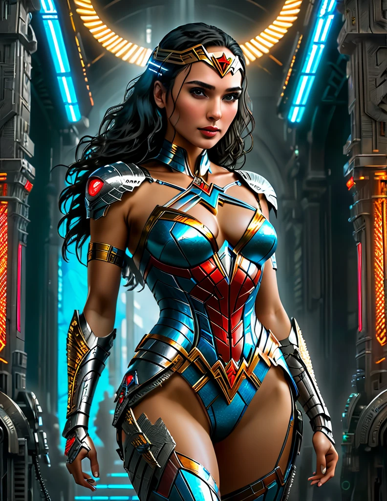A fantasy picture of (Gal Gadot:1.35) as a Cyberpunk Era Wonder Woman with Cybernetic Wonder Woman Costume in a Neo Cyberpunk Roman Empire with glowing eyes and robotic limbs, insanely intricate detail, Don Lawrence style