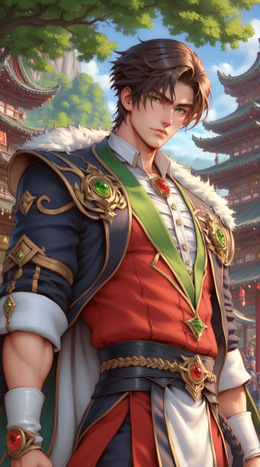 absurdities, High resolution, ultra detailed, HdR, masterpiece, Extremely detailed face and eyes, short hair, Dark brown hair, fringe, bushy eyebrows, serious, expressive green eyes, straight hair, detailed eyes, LOOKING AT THE SPECTATOR, 1 man, 30 year old man, Dark brown hair, rasgos masculines, elegant, Mongolian clothing with green details, masculine, green mongolian clothing, nature background, fur coat, nature magician, collar masculine de hechicero, beefy chest, Complete plan