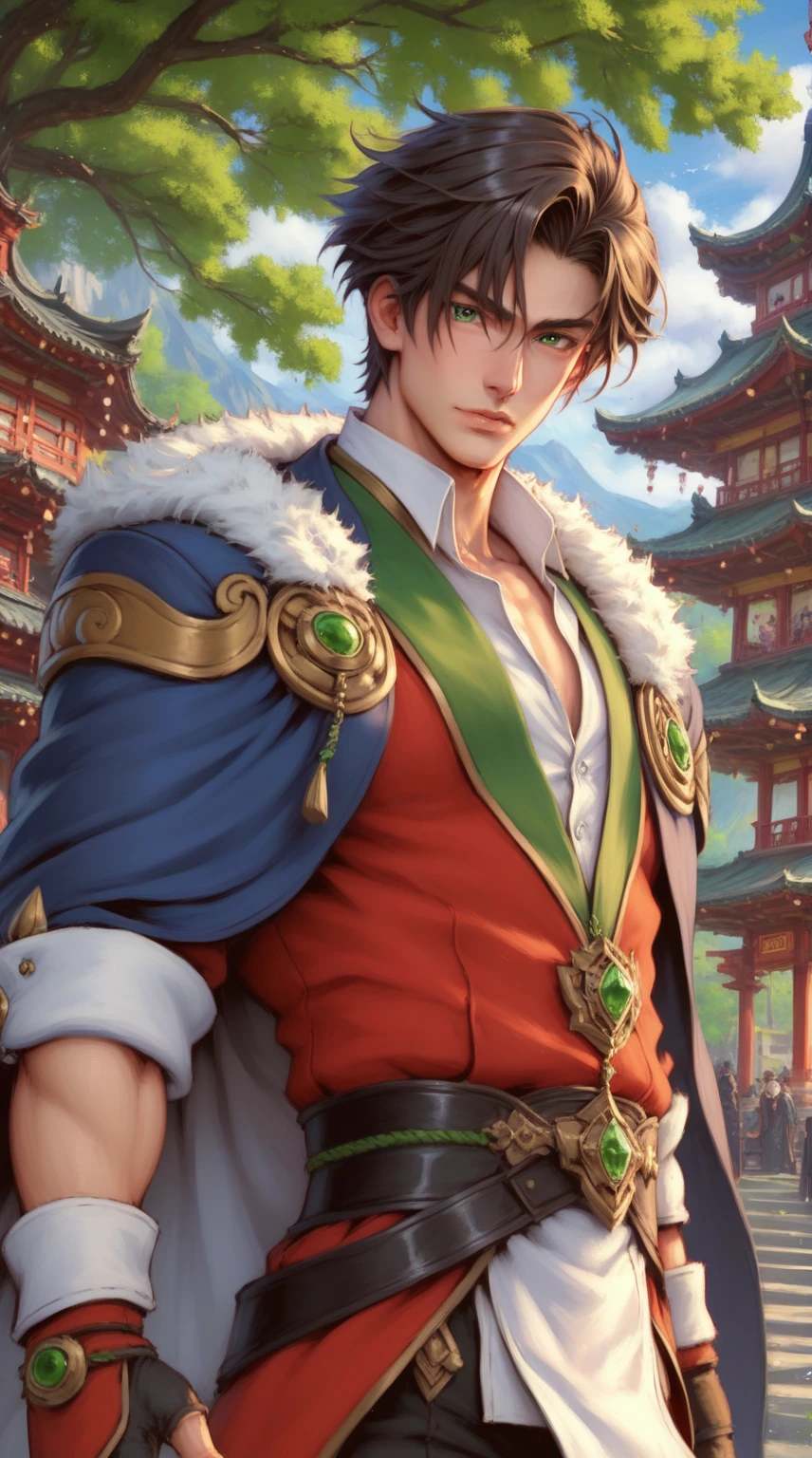 absurdities, High resolution, ultra detailed, HdR, masterpiece, Extremely detailed face and eyes, short hair, Dark brown hair, fringe, bushy eyebrows, serious, expressive green eyes, straight hair, detailed eyes, LOOKING AT THE SPECTATOR, 1 man, 30 year old man, Dark brown hair, rasgos masculines, elegant, Mongolian clothing with green details, masculine, green mongolian clothing, nature background, fur coat, nature magician, collar masculine de hechicero, beefy chest, Complete plan