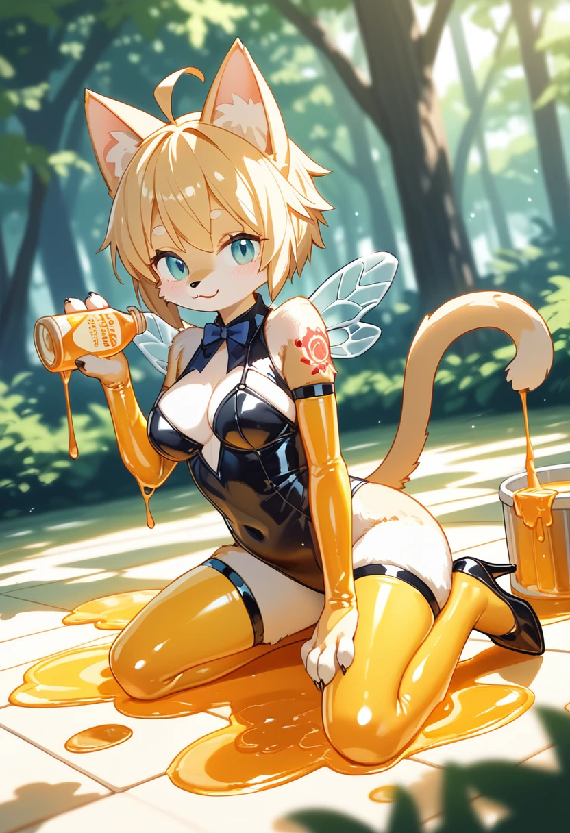 Highest quality, Highest quality, High quality illustrations, masterpiece, Ultra-high resolution, Detailed Background, honeycomb, in the forest, Absurd, Perfect Anatomy, performance, Good lighting, Shadows in the movies(kemono, Furry PersonifiCation), Cat, bee, Honey Latex, Honey Lotion, neon, neonカラー, cyber punk, beeのコスチューム, beeのコスプレ, ゴム製のbeeのしっぽ, beeの羽, enamel, Honey Pool, Honey Lotionを浴びている, Covered in honey slime, Kneeling, Tattoo, High heels, Dynamic Angle